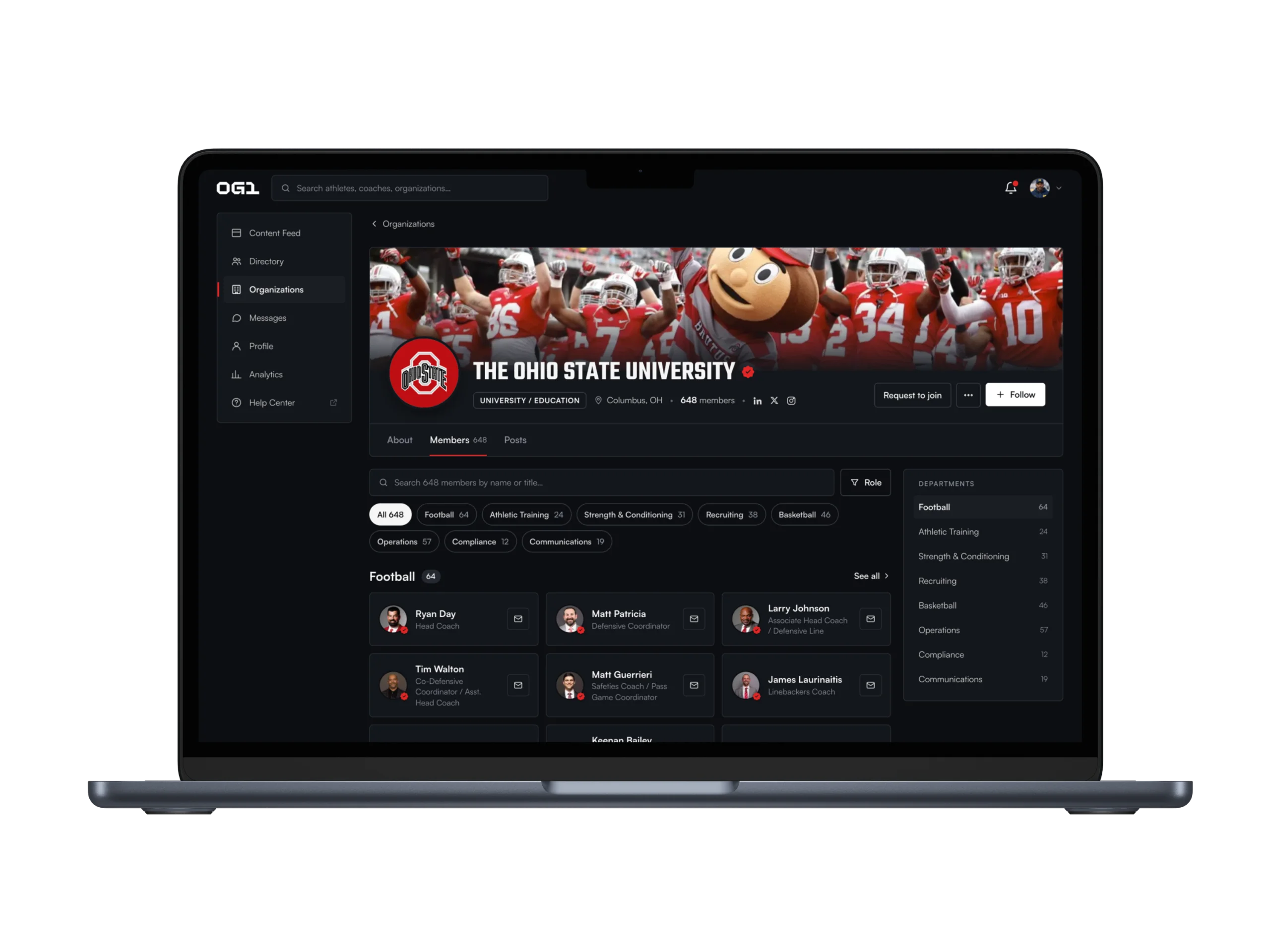 An OG1 athletic department page on a laptop, with a staff roster.